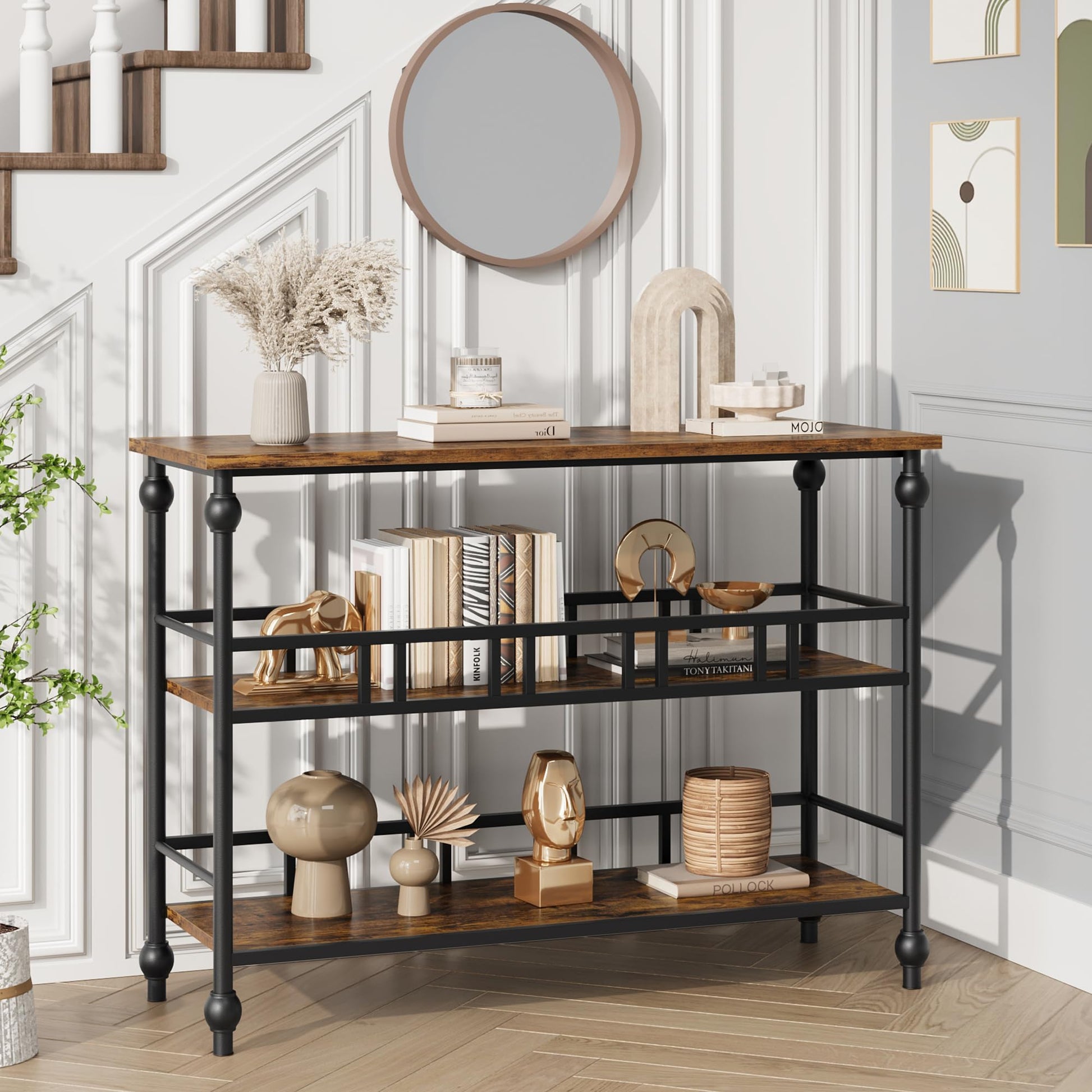 Garvee Console industrielle à 3 niveaux avec rangement, structure métal et MDF, style vintage, pieds réglables, pour entrée et salon, 109 × 30 × 80 cm, vintage