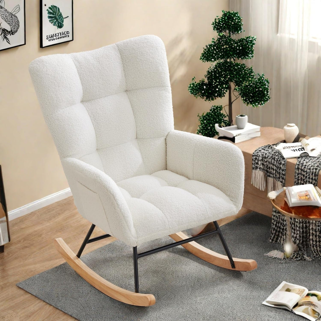 Fauteuil à bascule Garvee, fauteuil inclinable, fauteuil d'allaitement, fauteuil de salon, 90 x 65 x 90 cm, blanc