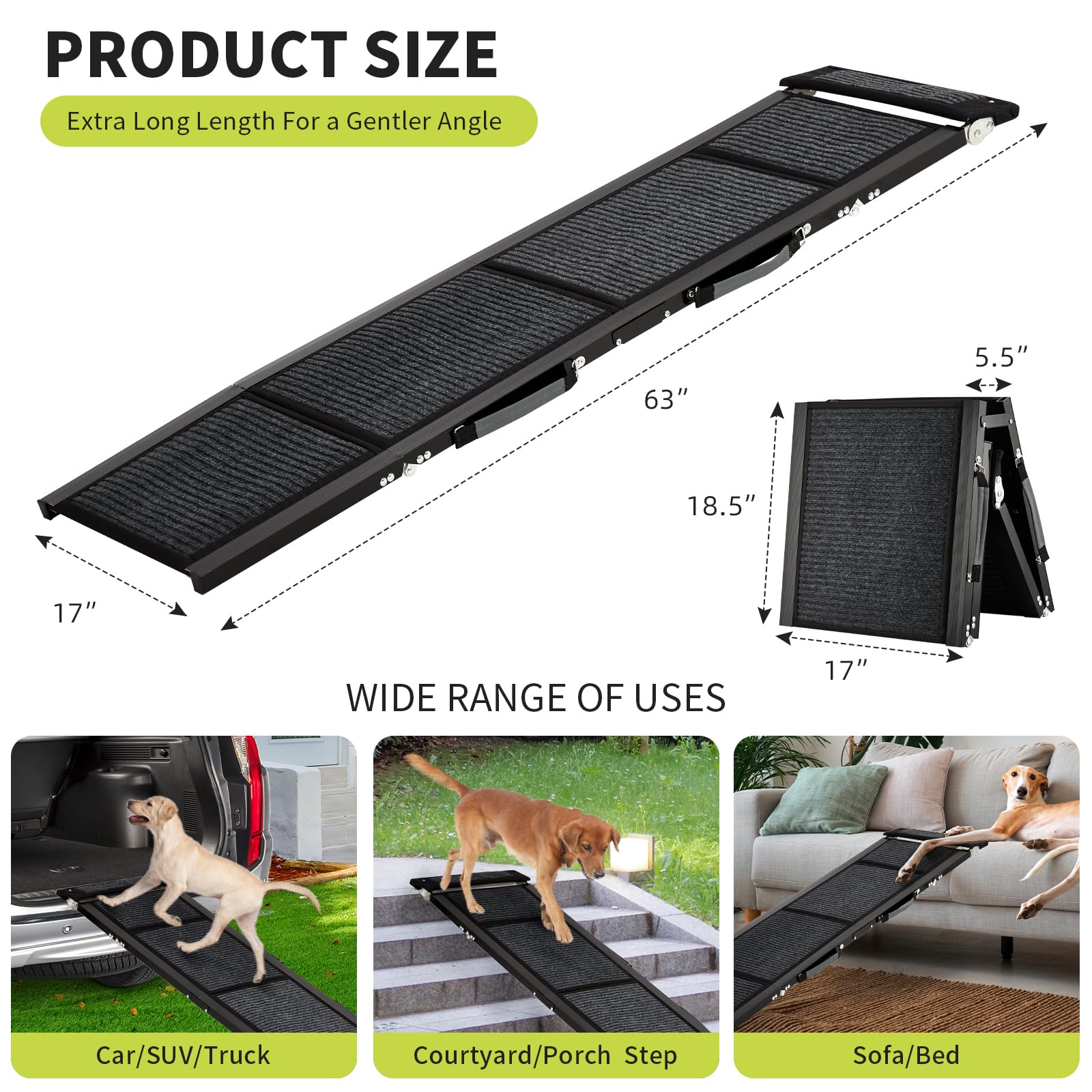 Garvee Rampe pliable pour chien en aluminium 160 x 43 cm, antidérapante, supporte jusqu’à 120 kg, idéale voiture, canapé, lit et chiens âgés.