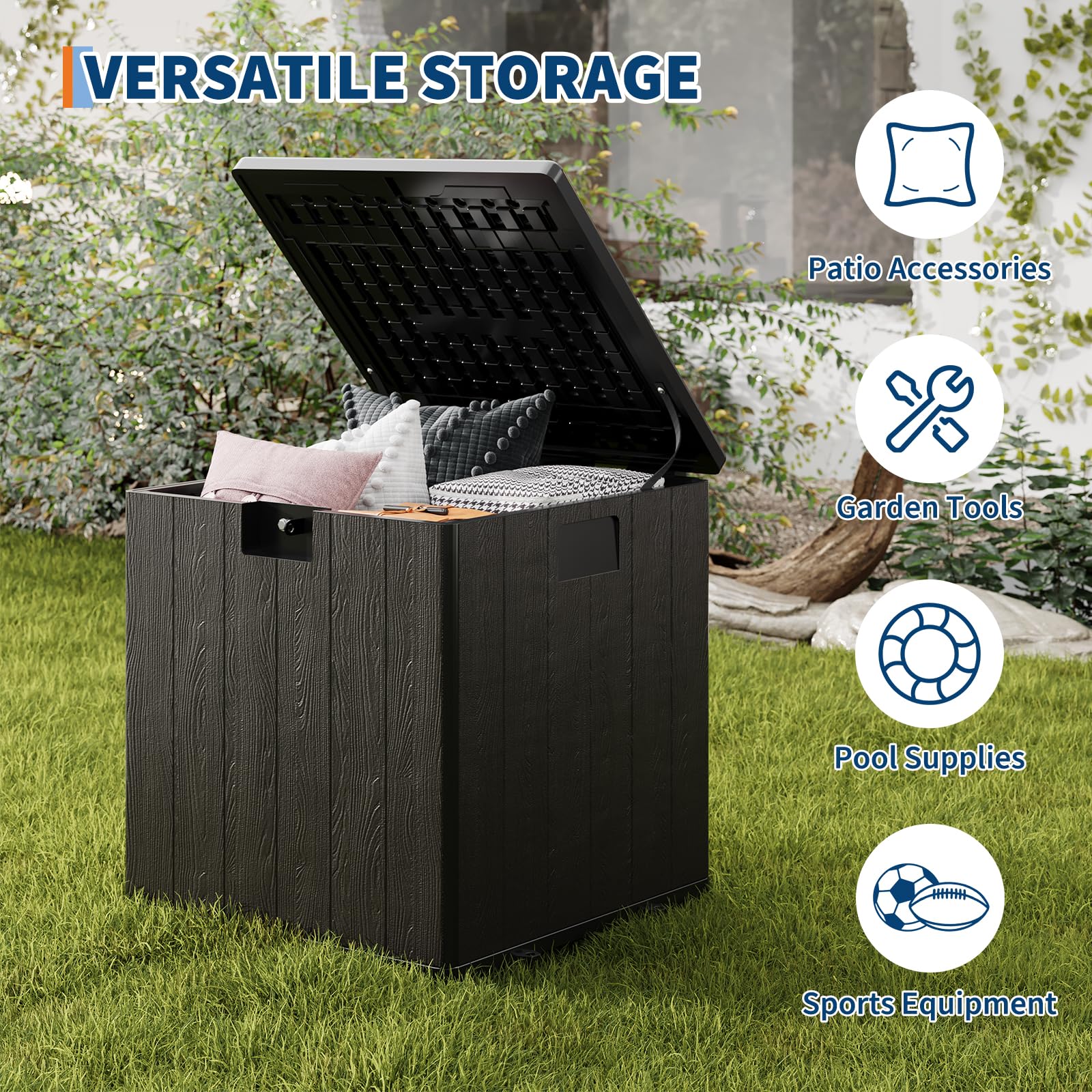 Coffre de rangement extérieur Garvee 28 gallons avec couvercle, résistant aux intempéries et verrouillable, pour jardin et terrasse, 50 x 51 x 50 cm, aspect osier