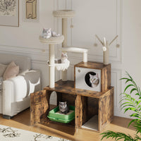 Meuble pour chat Garvee avec bac à litière, griffoir et hamac, style rustique marron, idéal pour un salon à plusieurs étages