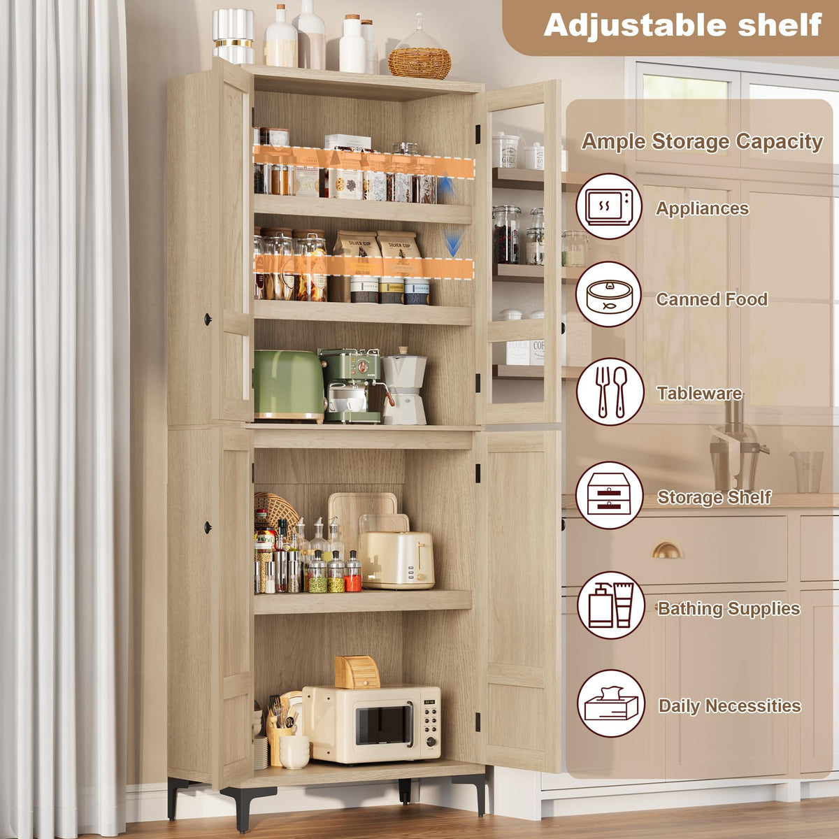 Garvee armoire de cuisine de 180 cm de haut avec portes vitrées, 4 portes, 5 étagères réglables, en bois de bouleau