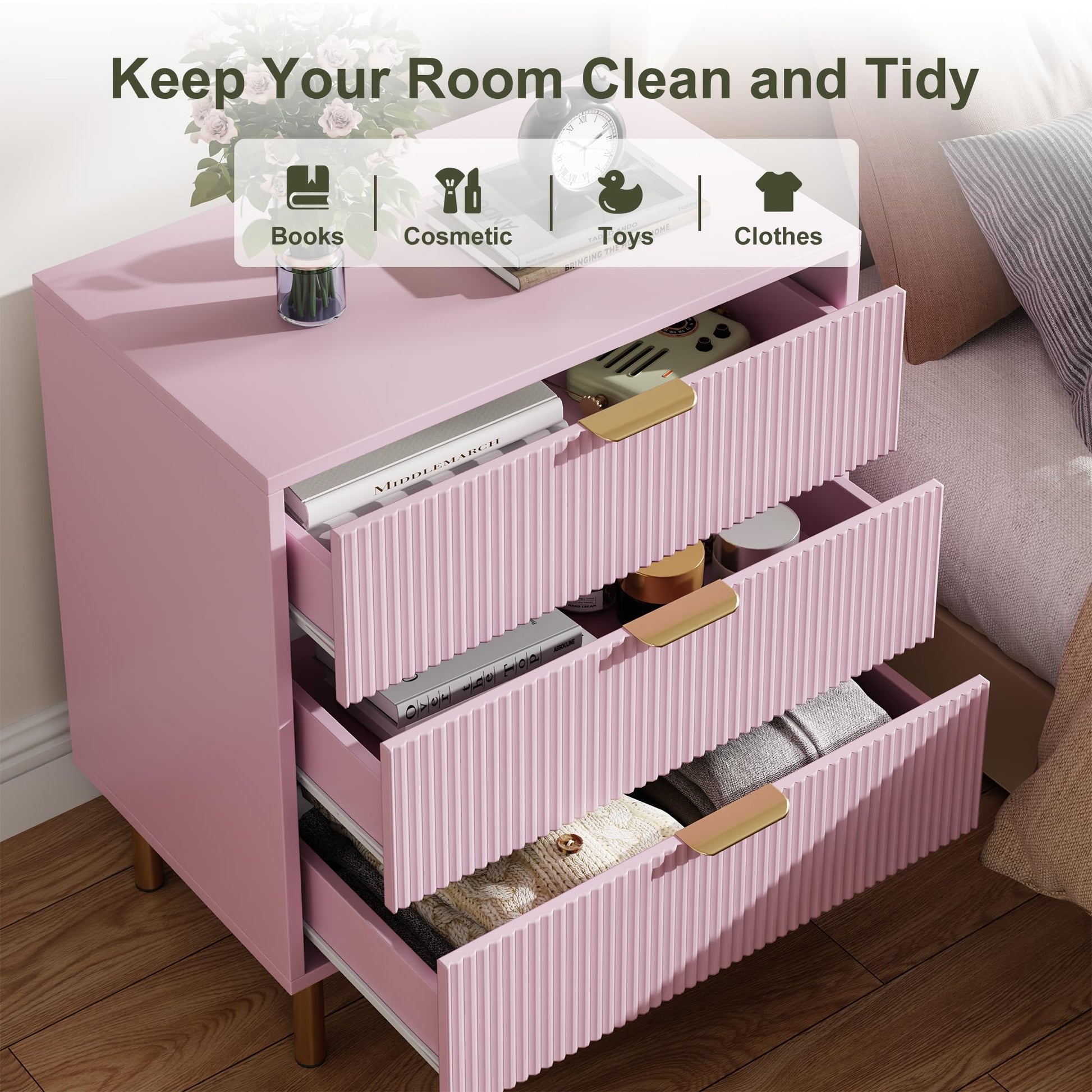 Commode moderne rose Garvee à 3 tiroirs avec poignées dorées pour chambre et salon, 71 x 43 x 76 cm, bois MDF