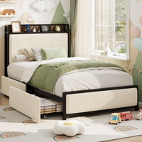 Cadre de lit Garvee pour lit simple avec 2 tiroirs et station de recharge pour chambre à coucher, beige, silencieux, structure en métal, revêtement en velours