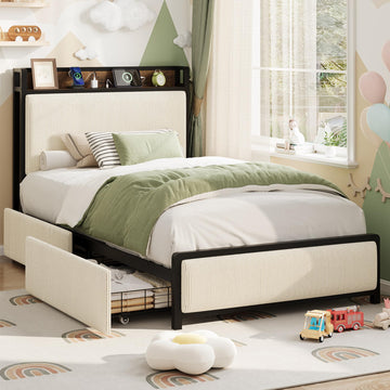 Cadre de lit Garvee pour lit simple avec 2 tiroirs et station de recharge pour chambre à coucher, beige, silencieux, structure en métal, revêtement en velours