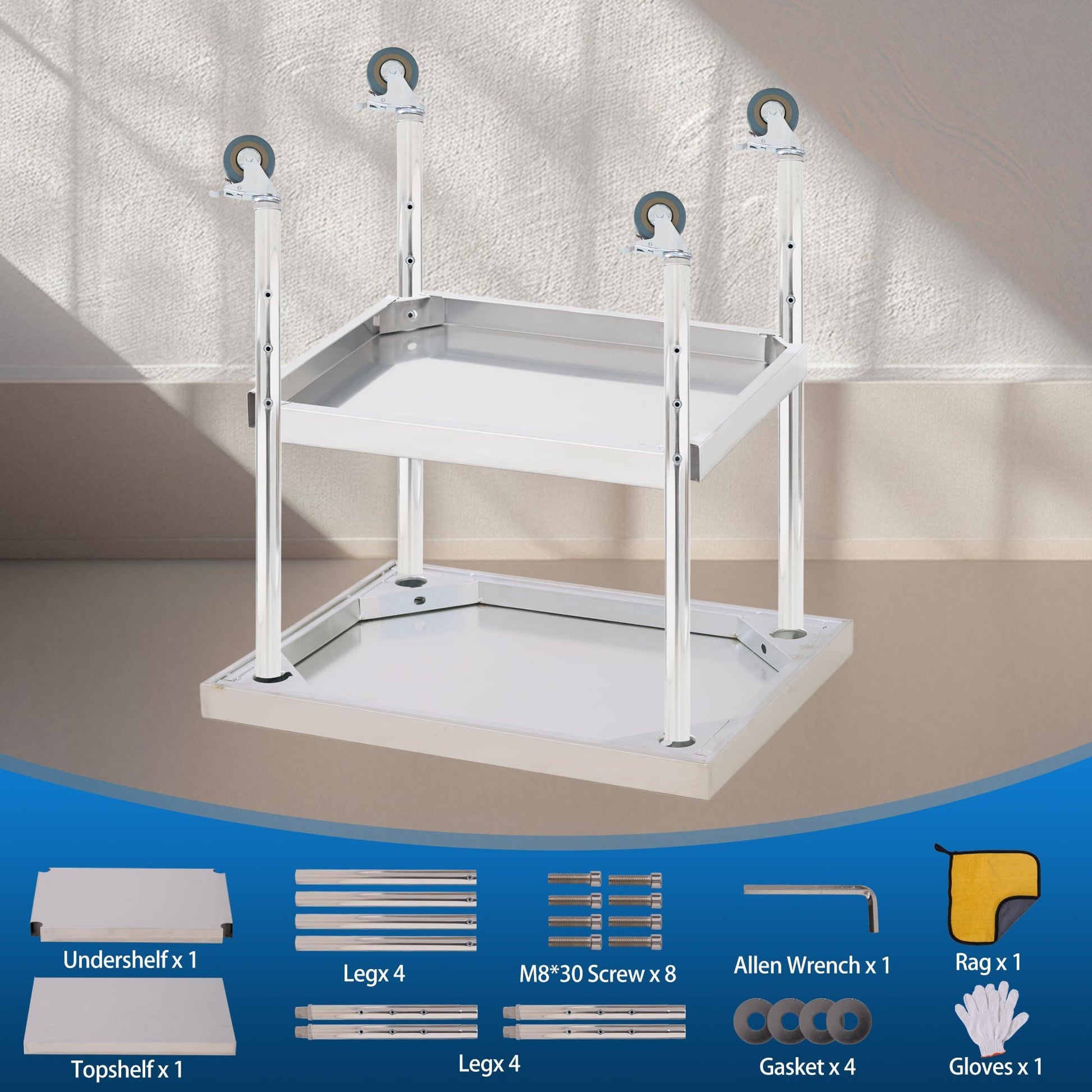 Table de travail Garvee en acier inoxydable 61 x 30,5 cm, épaisseur 0,8 mm, capacité de charge 300 kg, étagère réglable, 4 roulettes, résistante aux rayures, idéale pour la restauration et les ateliers.
