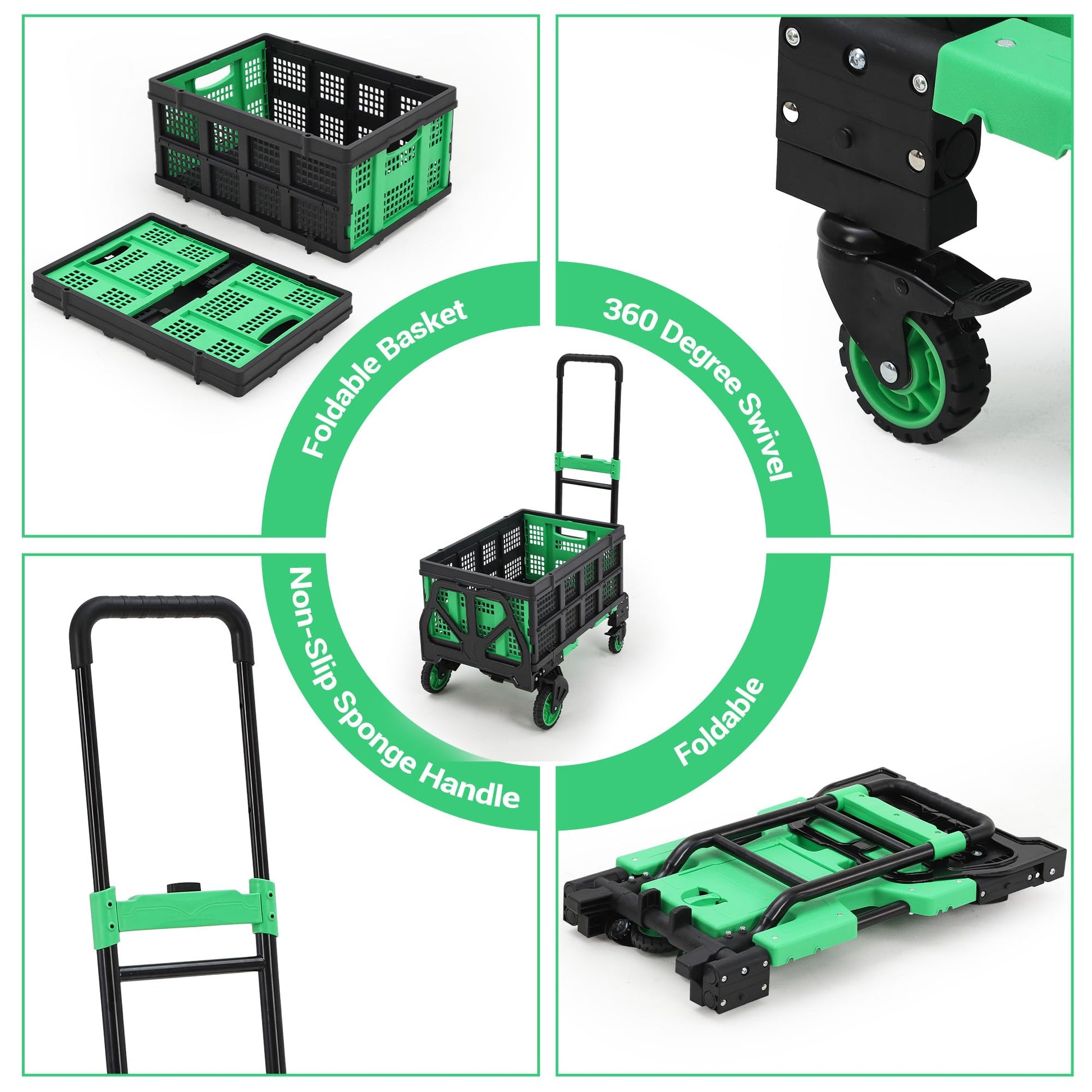 Garvee Chariot Pliable 2 en 1 avec Panier et Poignée Réglable, Charge 150 kg, Métal Robuste, Roues Silencieuses, pour Courses et Déménagements