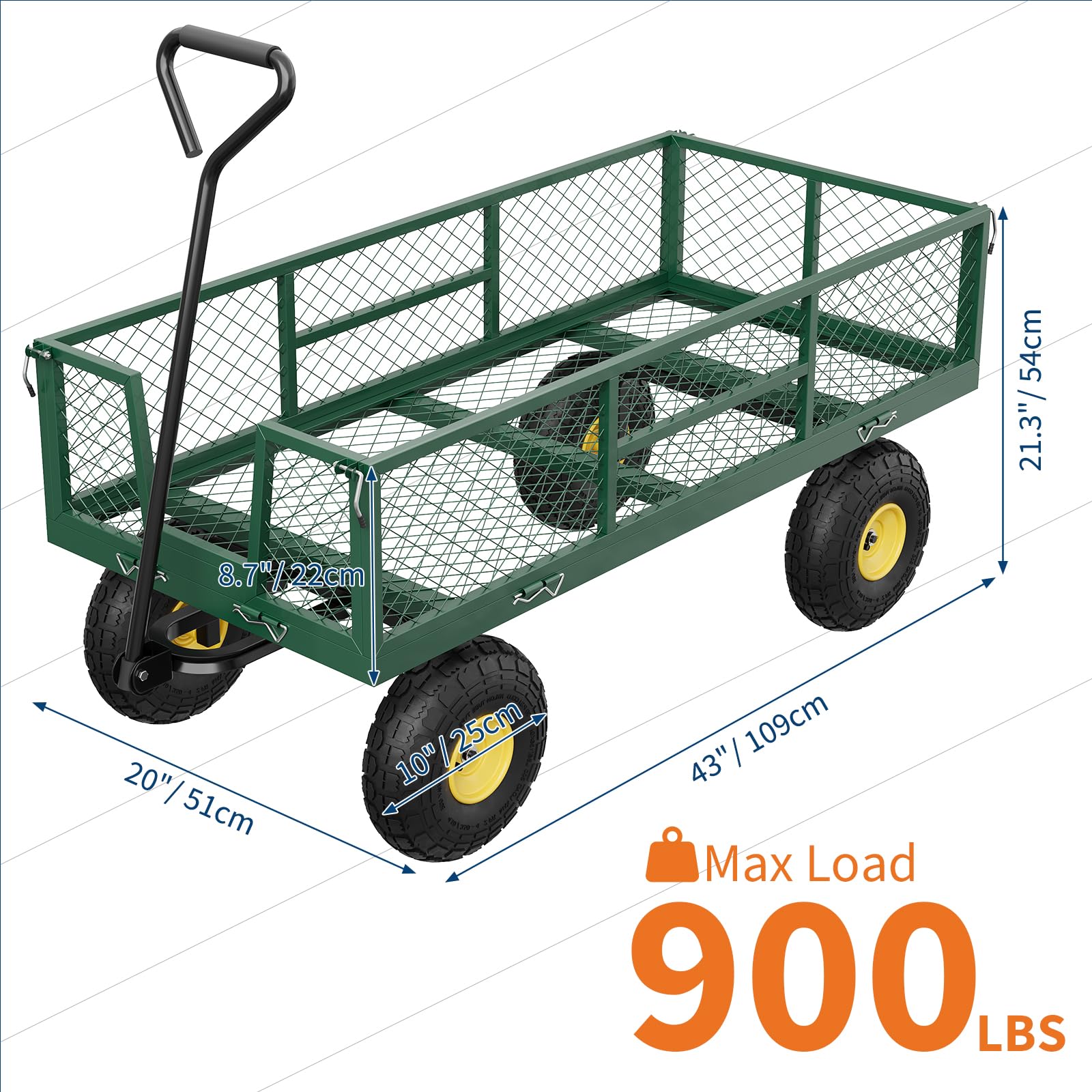 Chariot de jardin GARVEE 408 kg, cadre en acier robuste, côtés grillagés amovibles, poignée réglable, pneus 25 cm, vert et noir