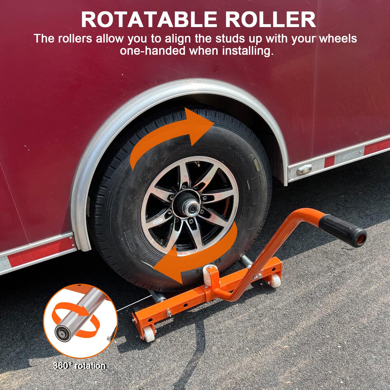 Chariot porte-roue Garvee pour pneus de camion, réglable, capacité 150 kg, rouleaux de 24 cm, rotation 360°, pour pneus de 16,5 à 62 cm de large, idéal pour garage et atelier, couleur orange
