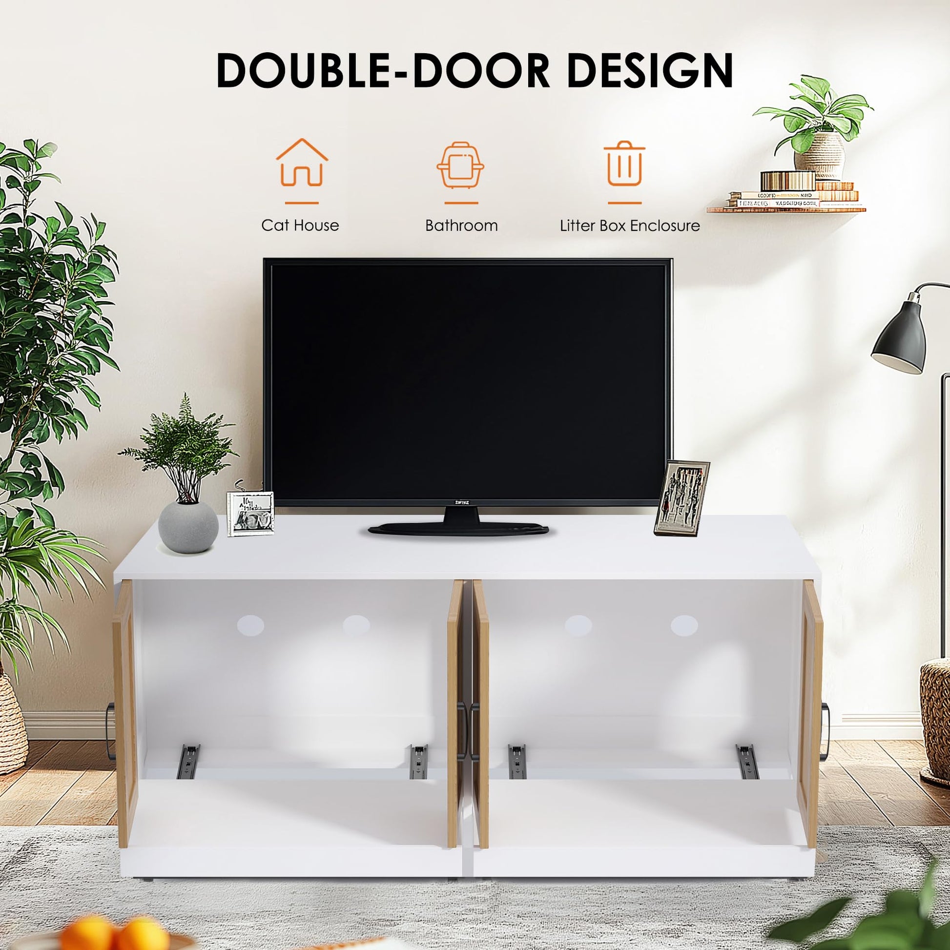Enclos double pour litière Garvee avec portes en sisal pour 2 chats, 120 cm, blanc, meuble TV pour chat d'intérieur