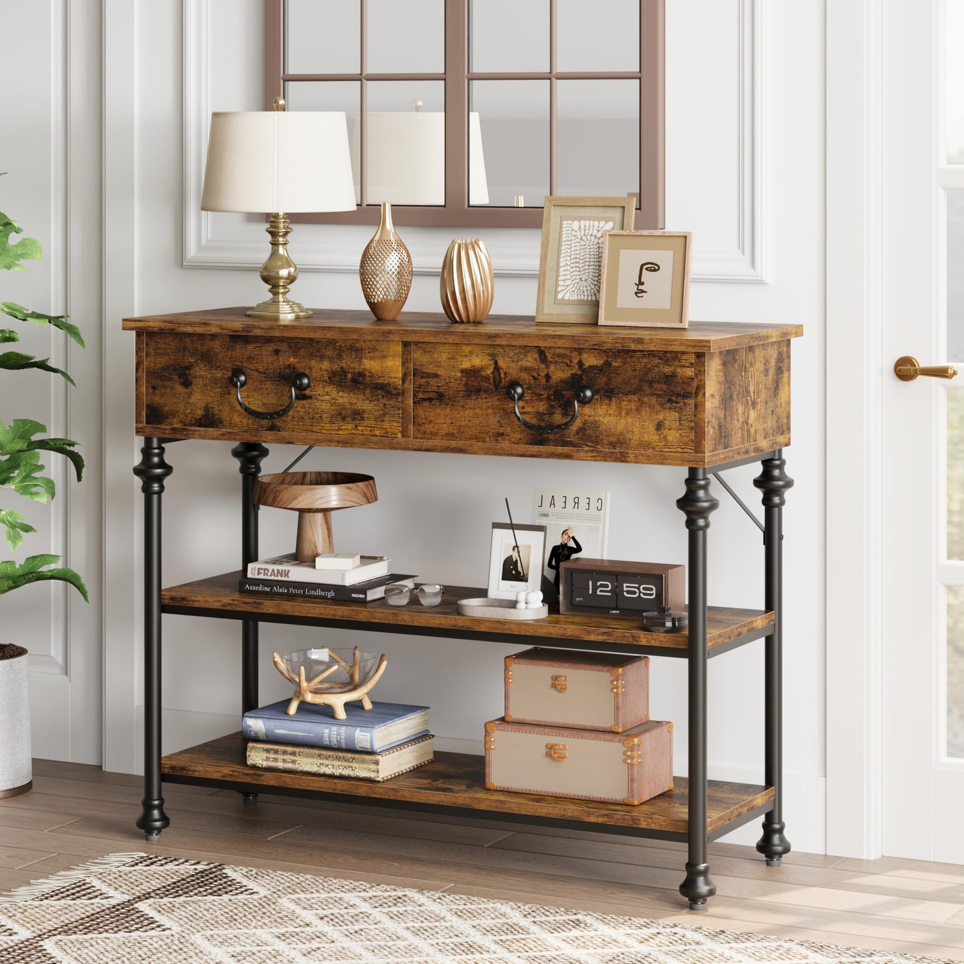 Console Garvee pour entrée, étroite, avec 2 tiroirs, grande étagère, structure en métal, marron rustique, salon, entrée