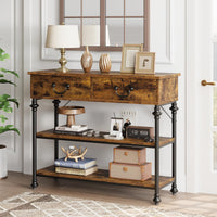 Console Garvee pour entrée, étroite, avec 2 tiroirs, grande étagère, structure en métal, marron rustique, salon, entrée