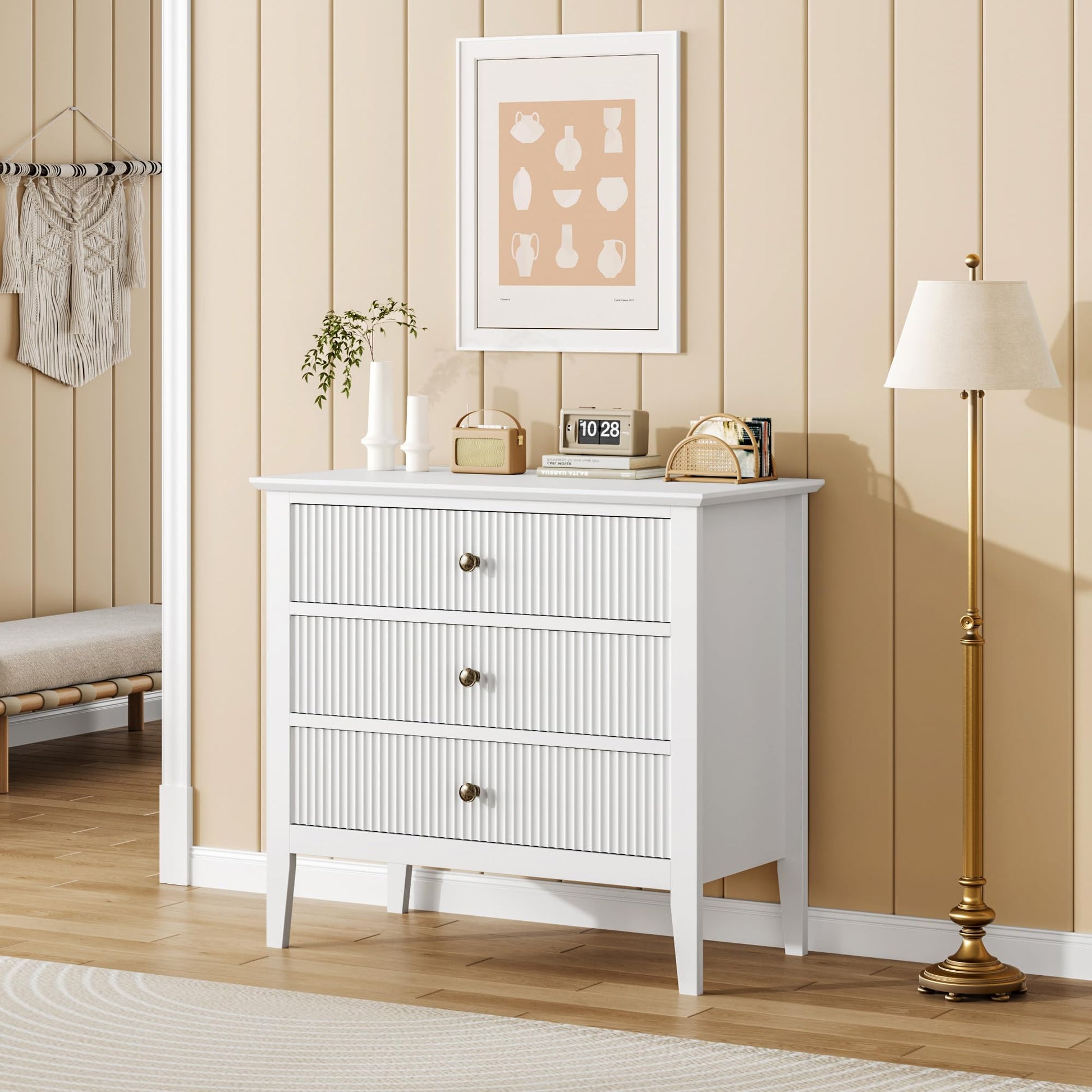 Commode Garvee blanche cannelée à 3 tiroirs, style moderne, en bois, pour chambre ou couloir, 80 cm (L) x 75 cm (H), blanche