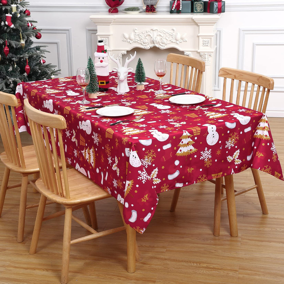 Nappe de Noël Garvee Bonhomme de neige imperméable et moderne verte 137 x 228 cm pour fête, cuisine, salon