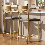 Ensemble de 2 tabourets de bar Garvee 66 cm (26 po) en métal avec dossier en X et coussins en cuir PU épais imperméable doré, pour salle à manger ou restaurant. - Gris