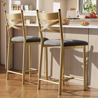 Ensemble de 2 tabourets de bar Garvee 66 cm (26 po) en métal avec dossier en X et coussins en cuir PU épais imperméable doré, pour salle à manger ou restaurant.