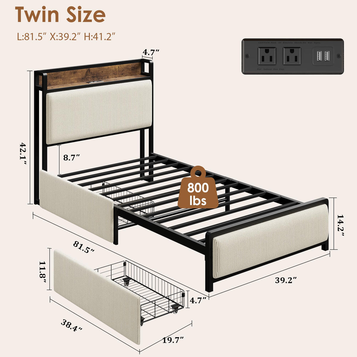 Cadre de lit Garvee pour lit simple avec 2 tiroirs et station de recharge pour chambre à coucher, beige, silencieux, structure en métal, revêtement en velours