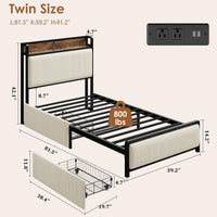 Cadre de lit Garvee pour lit simple avec 2 tiroirs et station de recharge pour chambre à coucher, beige, silencieux, structure en métal, revêtement en velours