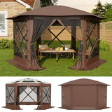 Garvee Tonnelle hexagonale pop-up 3,96x3,96m avec toit convertible, acier renforcé et 6parois amovibles, grise, pour camping et jardin - Beige et kaki
