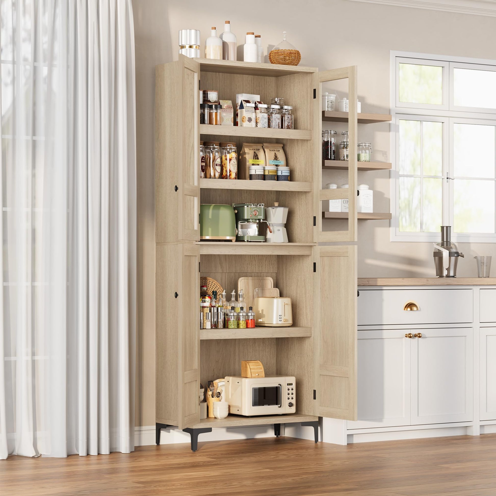 Garvee armoire de cuisine de 180 cm de haut avec portes vitrées, 4 portes, 5 étagères réglables, en bois de bouleau