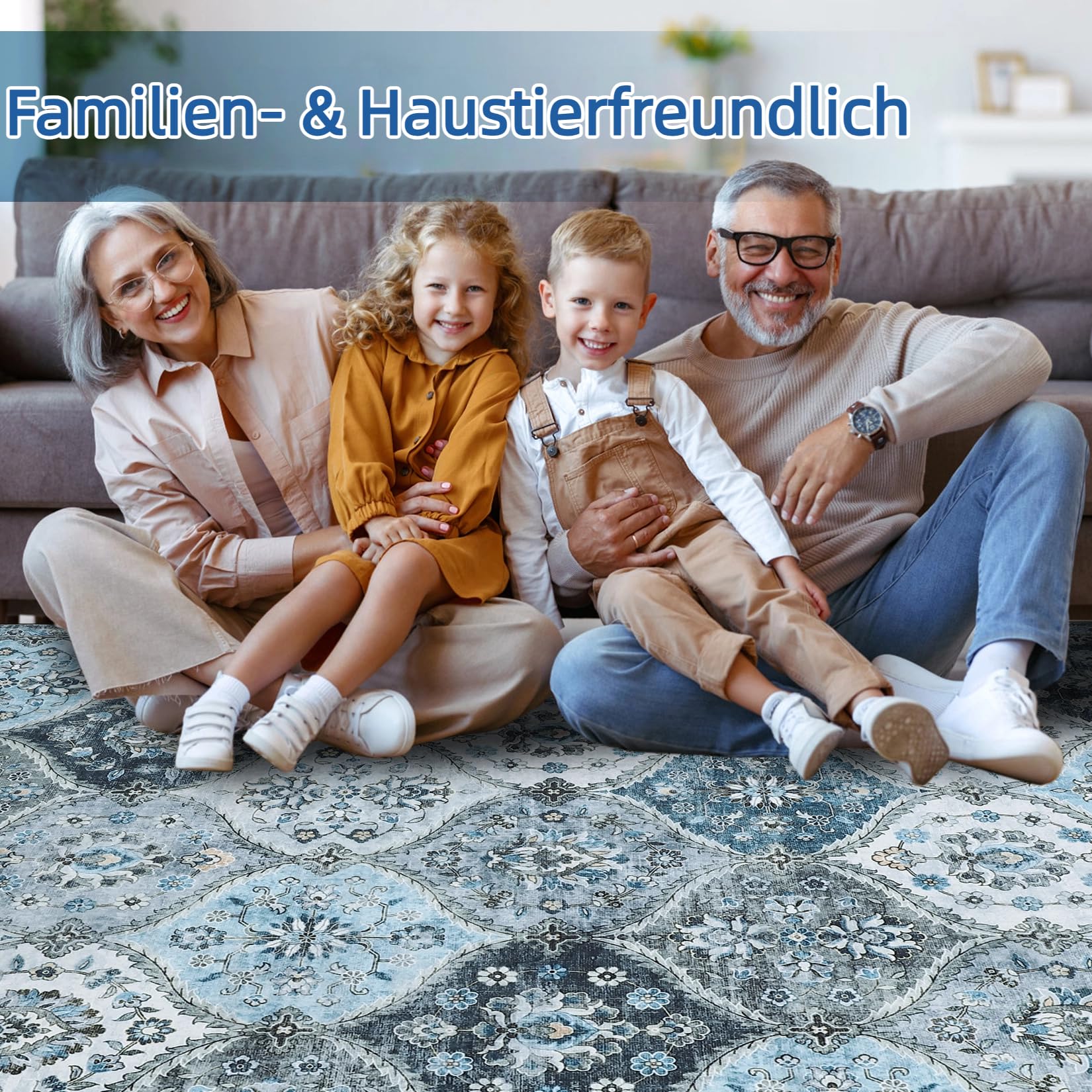 Tapis de salon lavable Garvee 200 x 290 cm, style vintage, gris et bleu, antidérapant