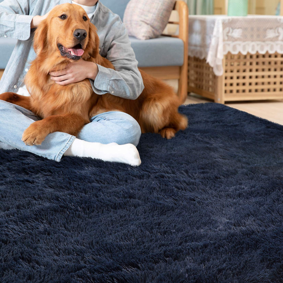 Tapis Garvee bleu marine 2,4 x 3 m (8 x 10 pieds), velours moelleux 4 cm, polyester antidérapant et doux pour salon et chambre.