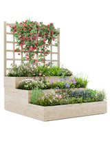 Jardinière surélevée à 3 niveaux Garvee en bois d'épicéa avec treillis pour balcon et jardin, modulaire, ouverte, en bois naturel - rouge