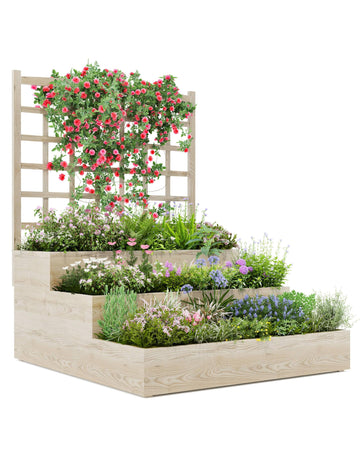 Jardinière surélevée à 3 niveaux Garvee en bois d'épicéa avec treillis pour balcon et jardin, modulaire, ouverte, en bois naturel