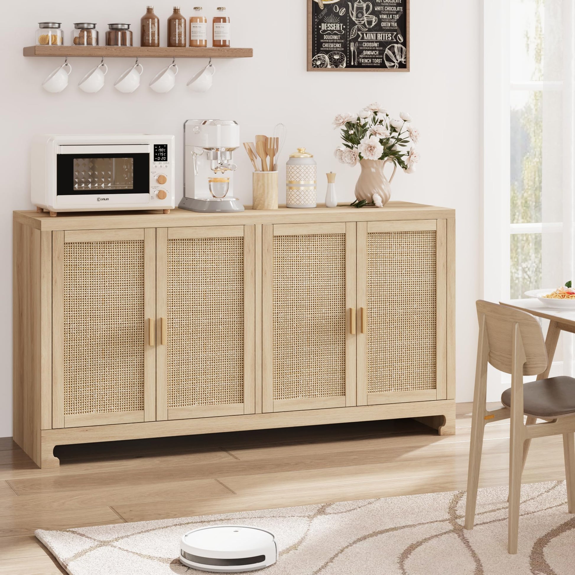 Garvee meuble de rangement 102 cm style bohème moderne avec portes en rotin tressé, étagère réglable pour le salon et la cuisine, blanc et marron, compact