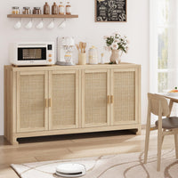 Garvee meuble de rangement 102 cm style bohème moderne avec portes en rotin tressé, étagère réglable pour le salon et la cuisine, blanc et marron, compact