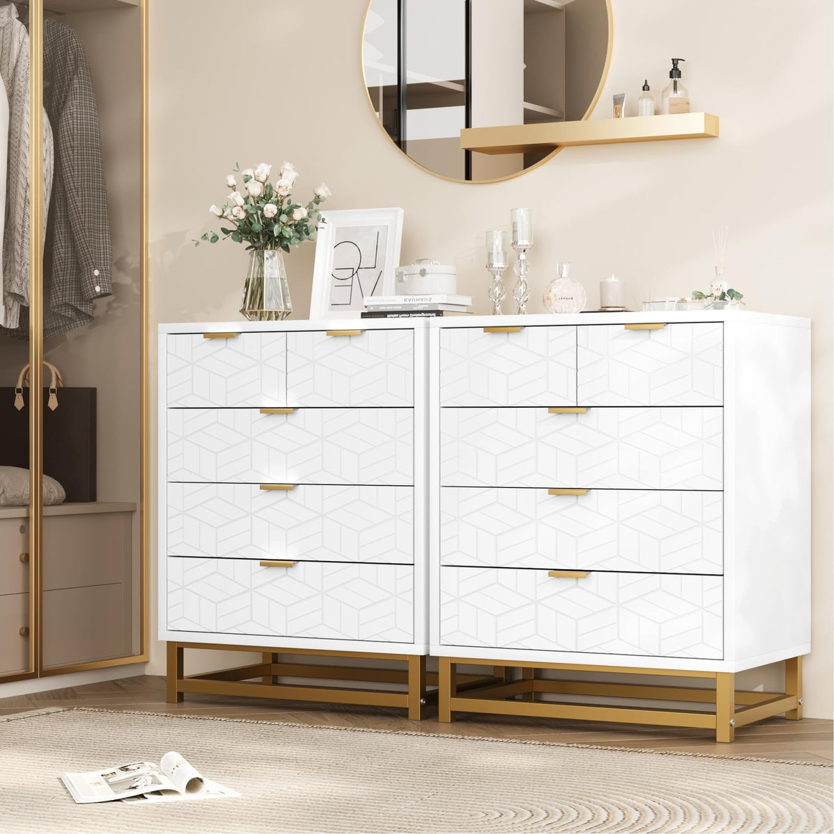 Garvee commode blanche à 5 tiroirs, structure en métal, grande taille pour le salon et le couloir