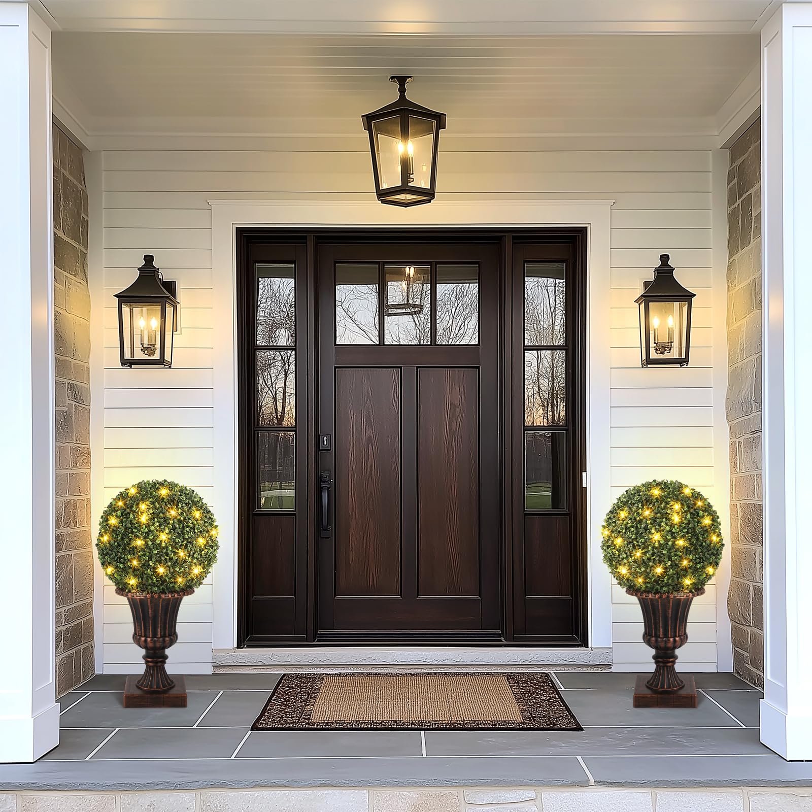 Garvee Boules de buis artificielles 40 cm avec éclairage LED et base dorée, décoration verte pour jardin, terrasse et balcon