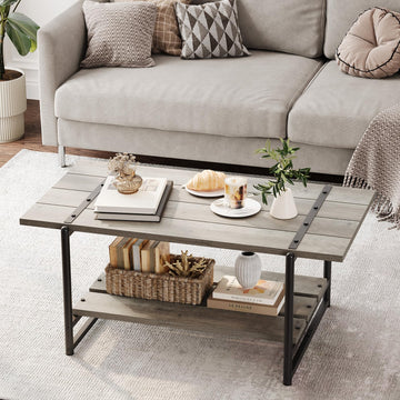 Garvee table basse de ferme à 2 niveaux 41'' en bois gris avec rangement et structure en métal pour le salon et le bureau, style rustique-moderne