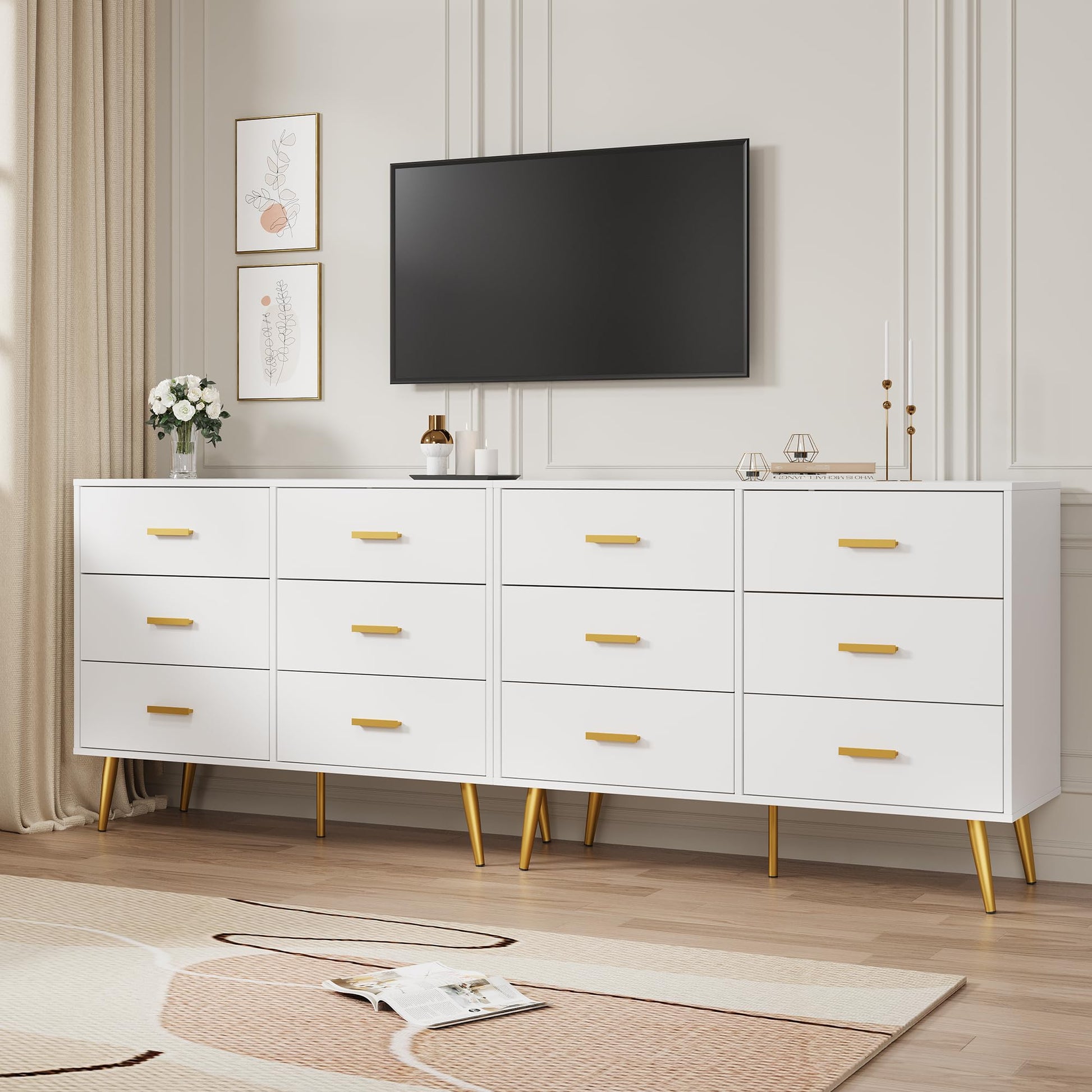 Garvee commode moderne blanche à 6 tiroirs, poignées dorées, pour la chambre et le salon