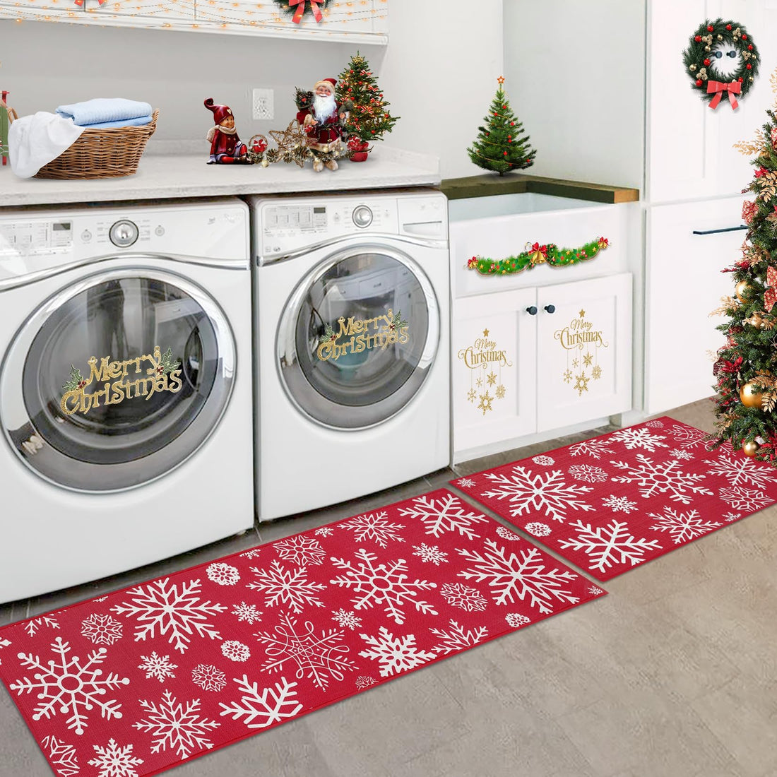 Tapis de cuisine antidérapants Garvee Christmas, lot de 2, polyester, antidérapants, pour cuisine et couloir, 40 x 60 + 40 x 120 cm