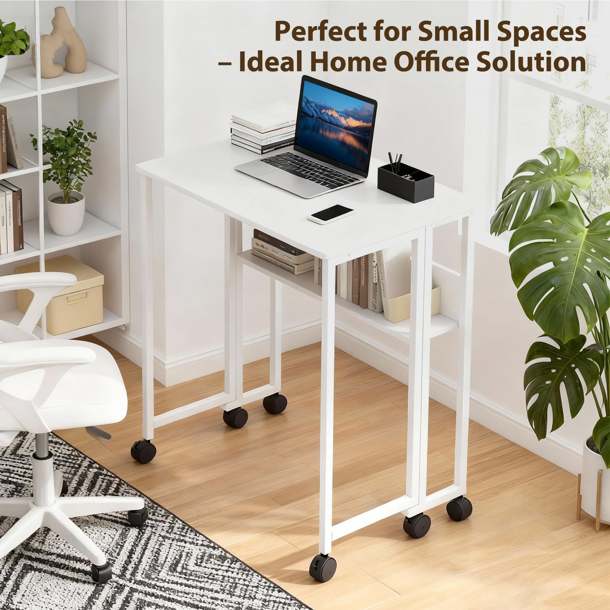 Bureau pliant Garvee à roulettes, table d'ordinateur pliable de 63 cm (24,8 po), étagère de rangement, structure en acier, blanc, pour bureau à domicile et étude