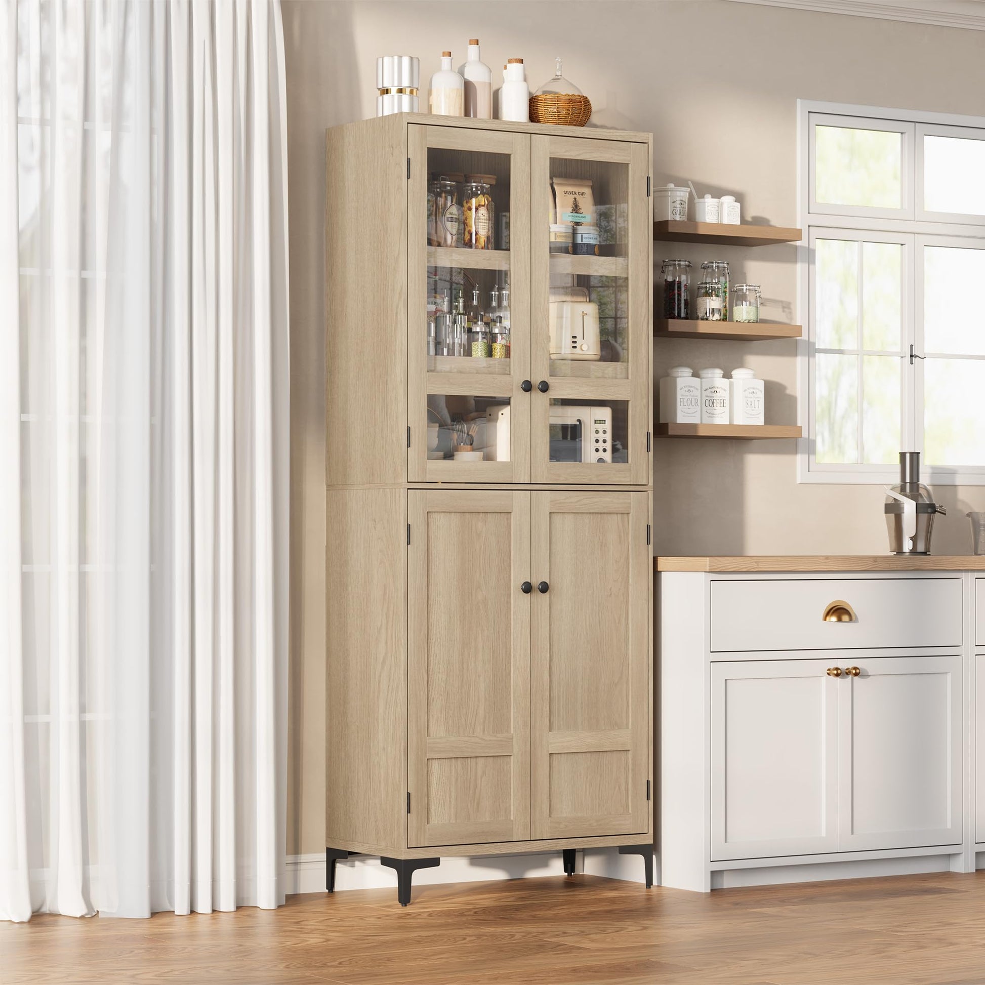 Garvee armoire de cuisine de 180 cm de haut avec portes vitrées, 4 portes, 5 étagères réglables, en bois de bouleau