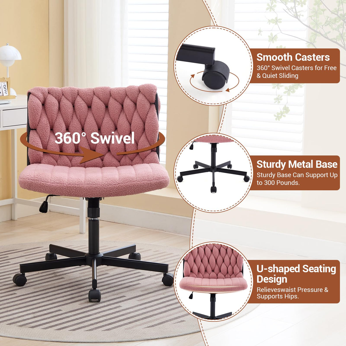 Garvee chaise de bureau criss cross à roulettes, assise large, sans accoudoirs, pivotante, structure en métal, rose, idéale pour le bureau à domicile et la coiffeuse, 66 cm, confortable