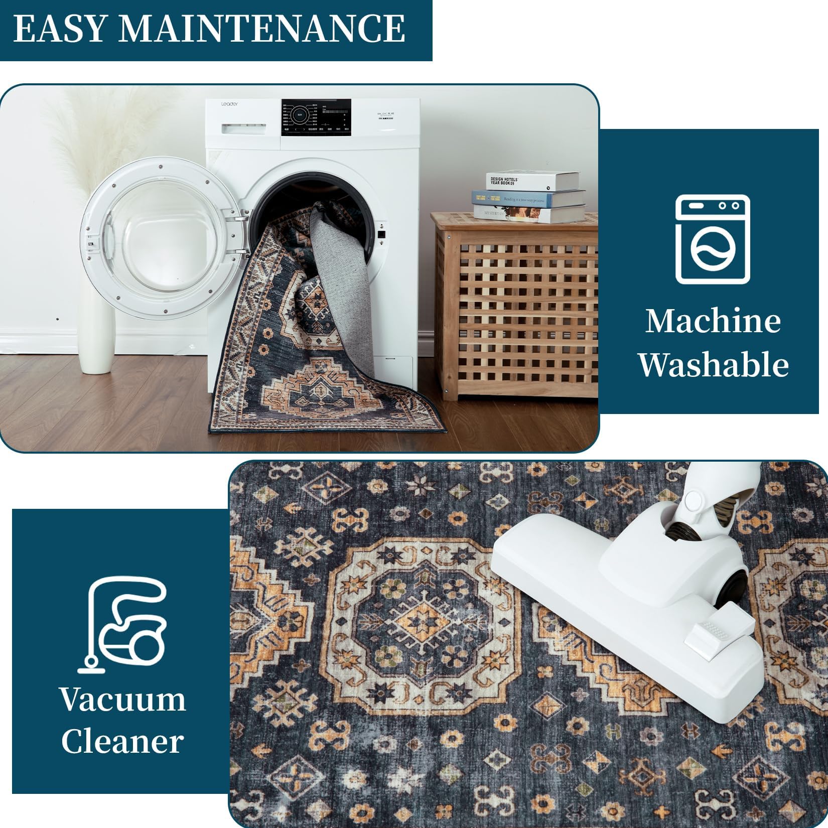 Tapis oriental vintage Garvee 160x230cm bleu, lavable, antidérapant, pour salon et chambre, style bohème, polyester