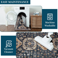 Tapis oriental vintage Garvee 160x230cm bleu, lavable, antidérapant, pour salon et chambre, style bohème, polyester