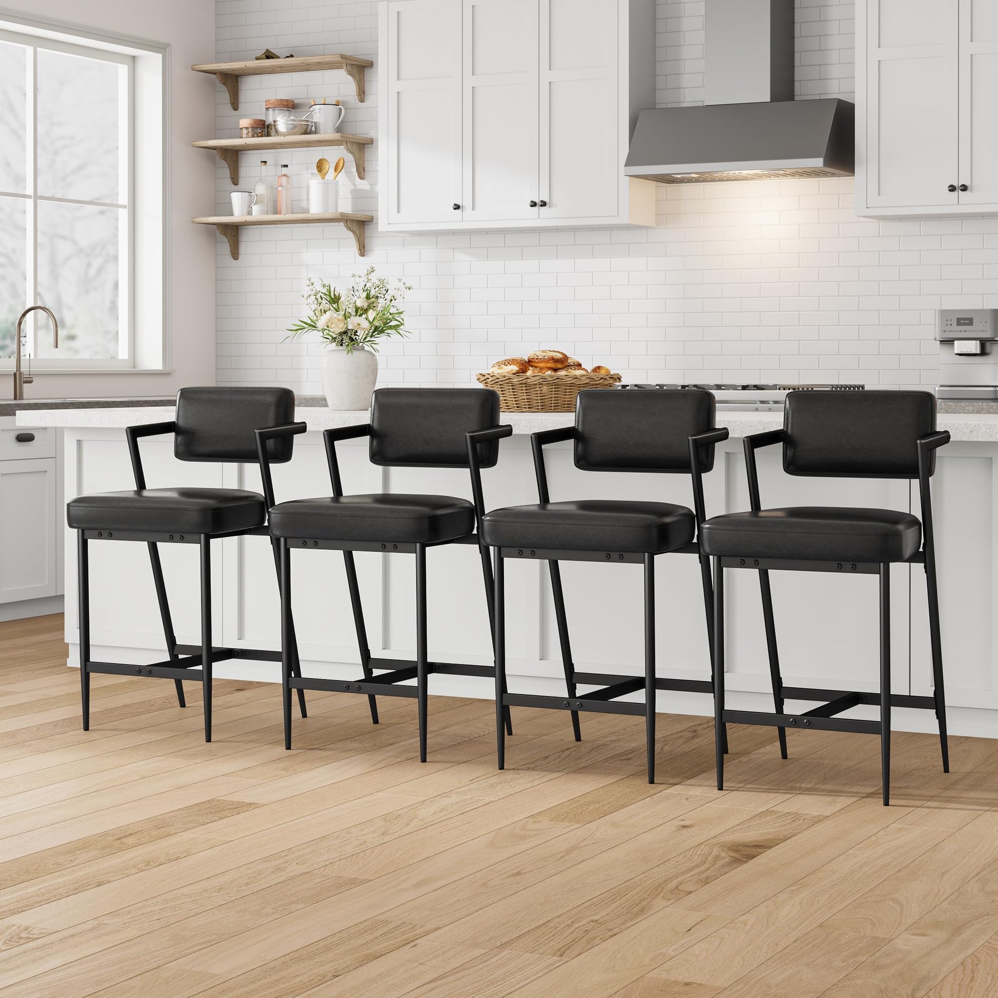 Ensemble de 2 tabourets de bar Garvee, chaises rembourrées avec dossier et repose-pieds pour cuisine et bar, 68 cm, cuir PU noir résistant à l'eau