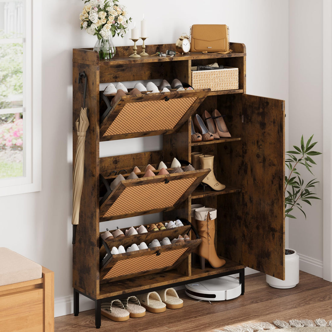 Meuble à chaussures Garvee en rotin avec 3 tiroirs abattants et 4 niveaux de rangement pour entrée et couloir, en MDF et métal, étagères réglables, robuste, grand format, couleur naturelle