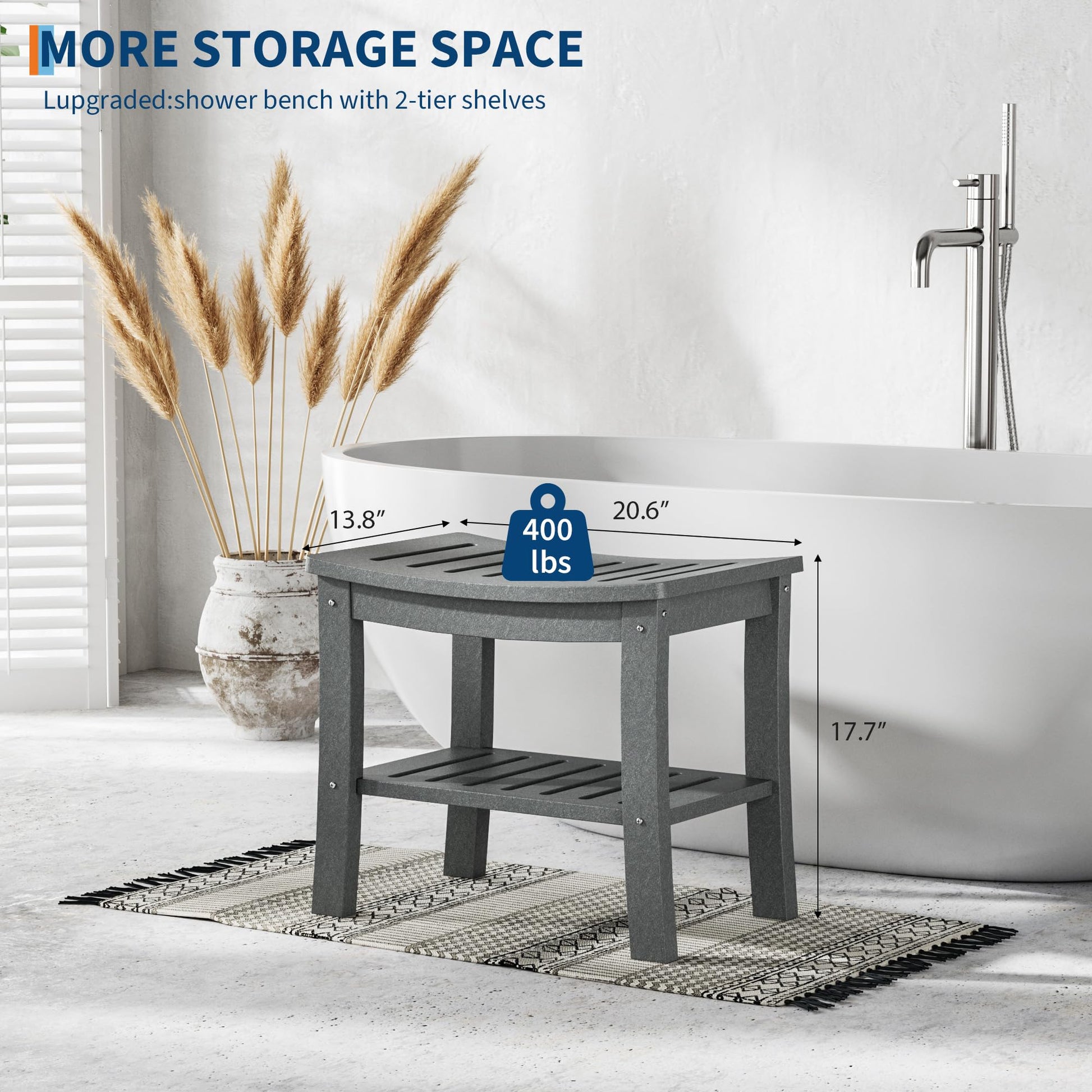 Banc de douche Garvee en PEHD avec étagère pour salle de bain et baignoire, aspect bois, imperméable, facile à nettoyer