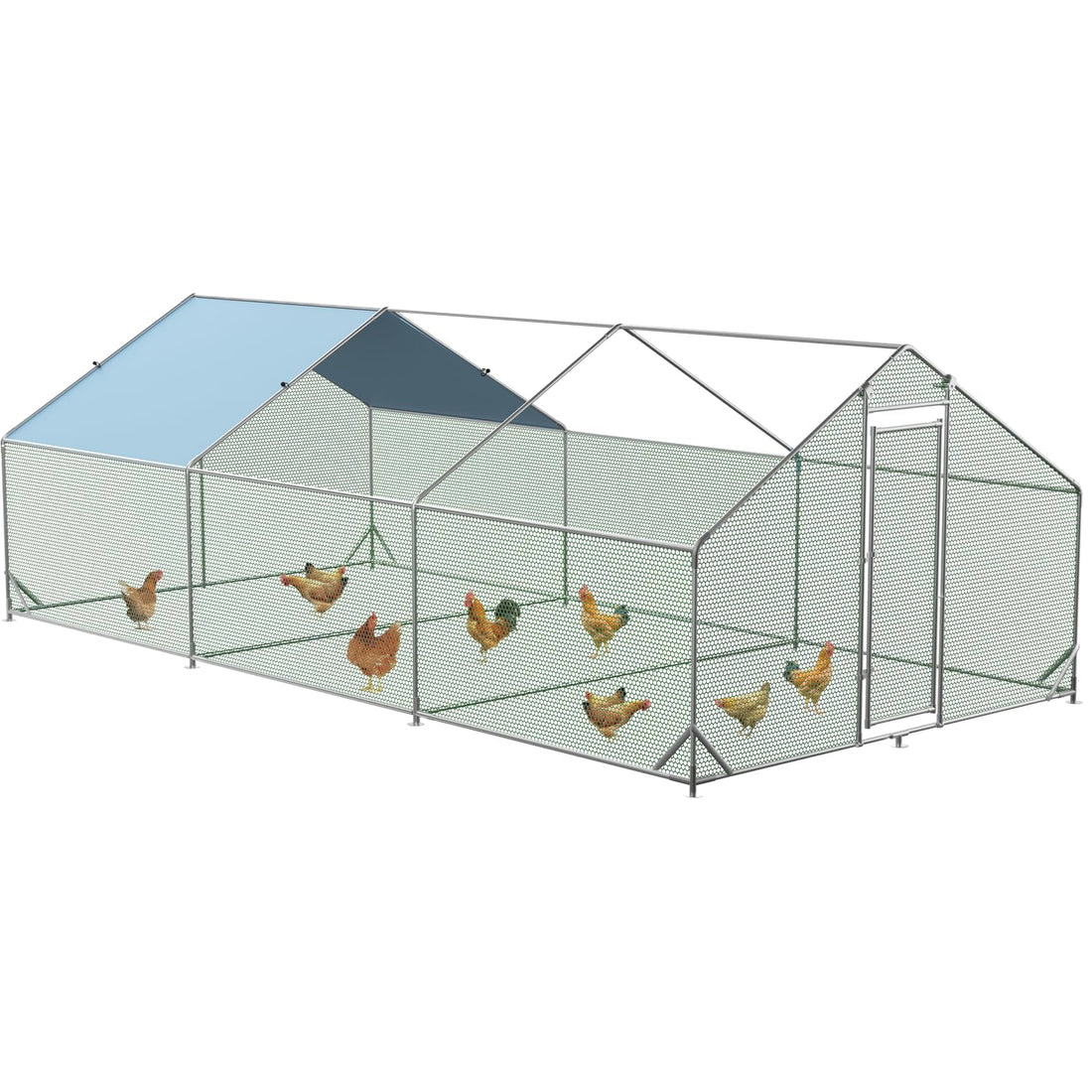 Poulailler métallique Garvee grand format 300 × 600 × 195 cm – Trois compartiments, structure tubulaire en acier triple renforcé pour jardin et ferme