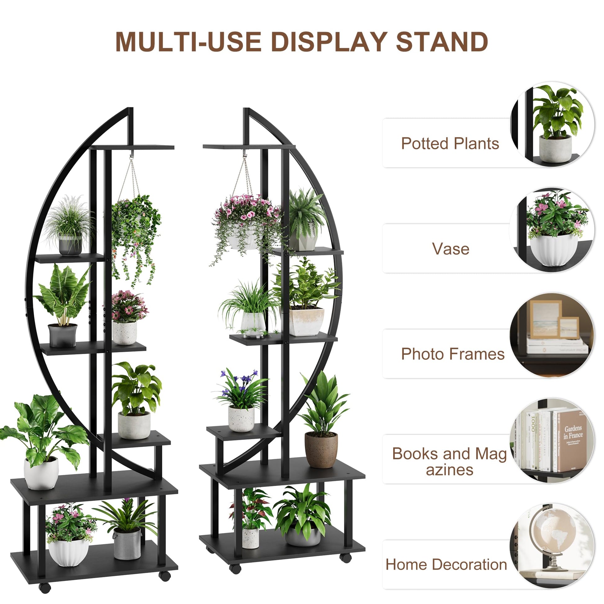 Ensemble Garvee de 2 pièces : support à plantes en métal à 6 niveaux avec roulettes amovibles et étagères en bois en forme de croissant, pour l'intérieur et le jardin, 175 cm (69 pouces), noir.