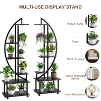 Ensemble Garvee de 2 pièces : support à plantes en métal à 6 niveaux avec roulettes amovibles et étagères en bois en forme de croissant, pour l'intérieur et le jardin, 175 cm (69 pouces), noir.