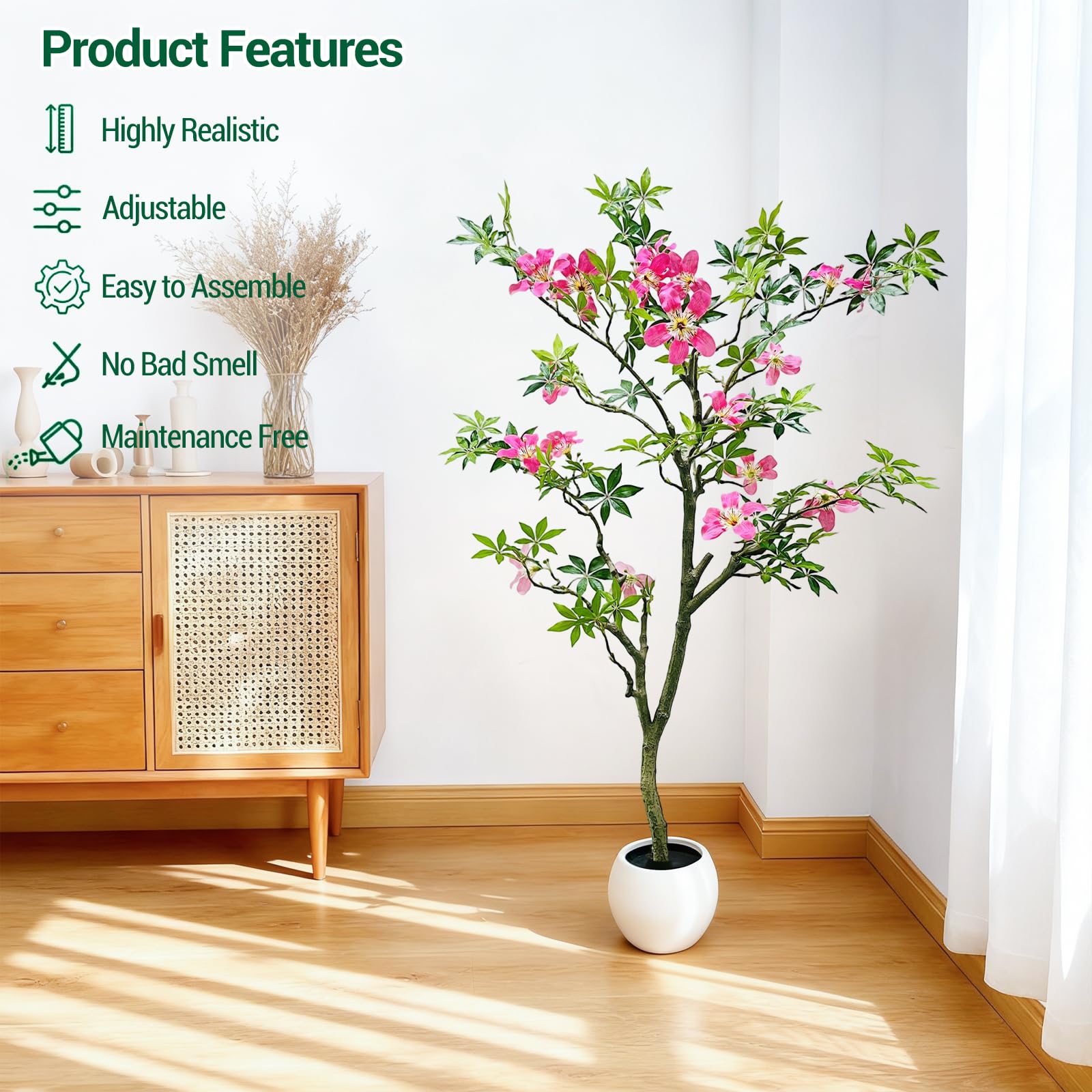 Arbre artificiel Garvee de 120 cm avec feuilles et fleurs réalistes pour salon et bureau, tronc détachable, entretien facile, tissu de soie de haute qualité, vert