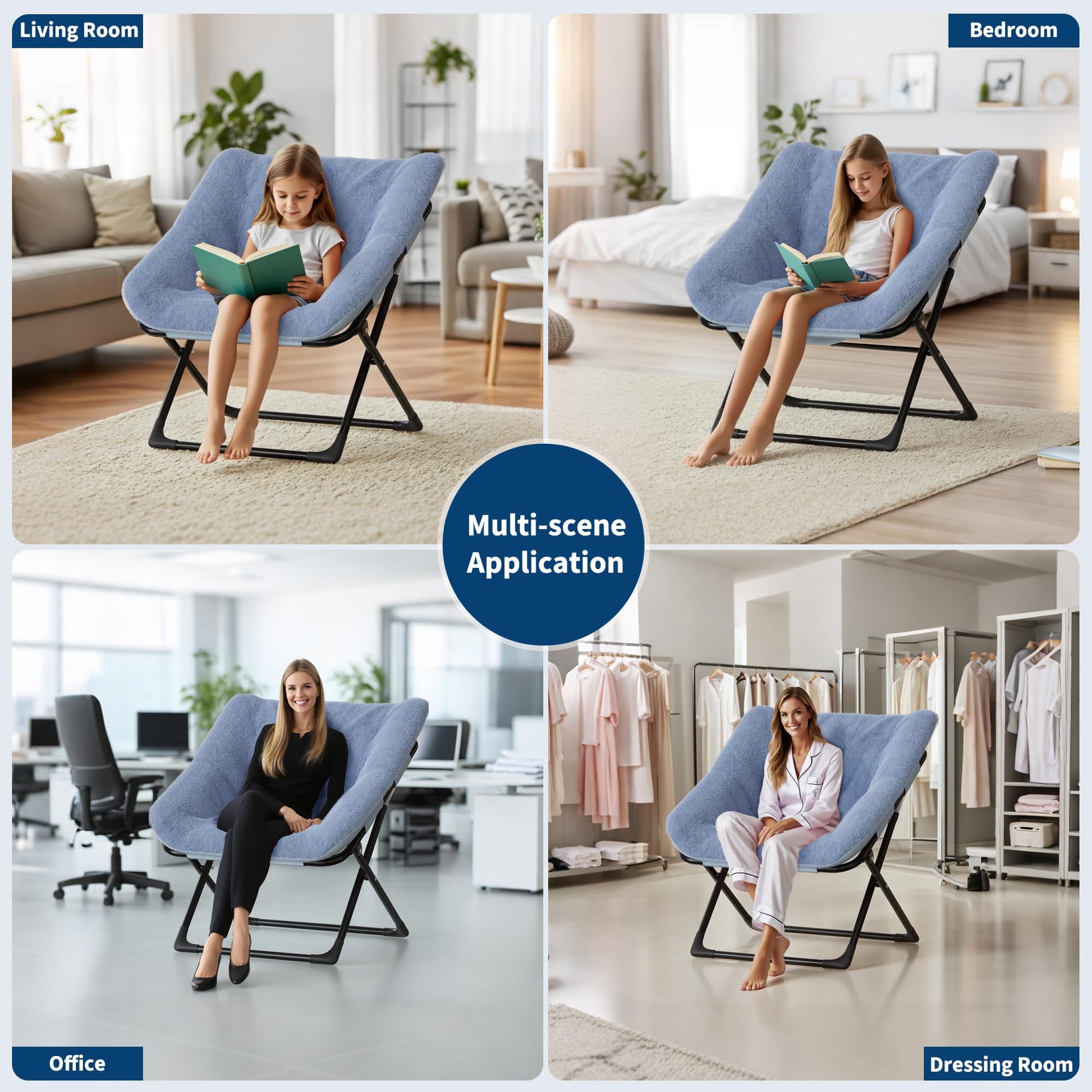 Fauteuil confortable Garvee XL en fausse fourrure avec structure en métal et base antidérapante pour salon et chambre, bleu, XL