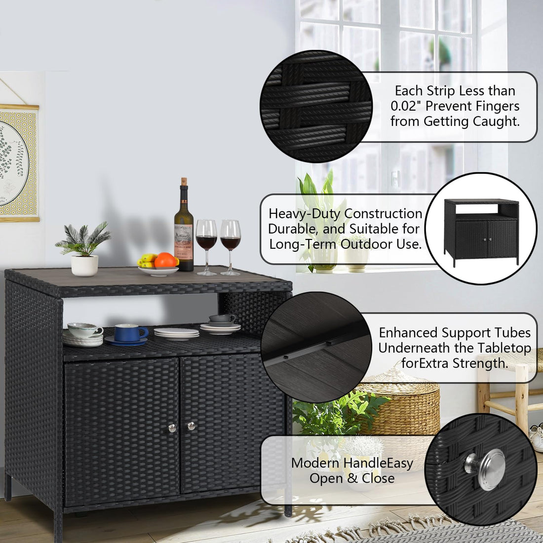 Garvee Armoire de rangement d'extérieur en résine tressée avec étagère aux intempéries, table en aluminium, 2 portes, fermeture magnétique, grise