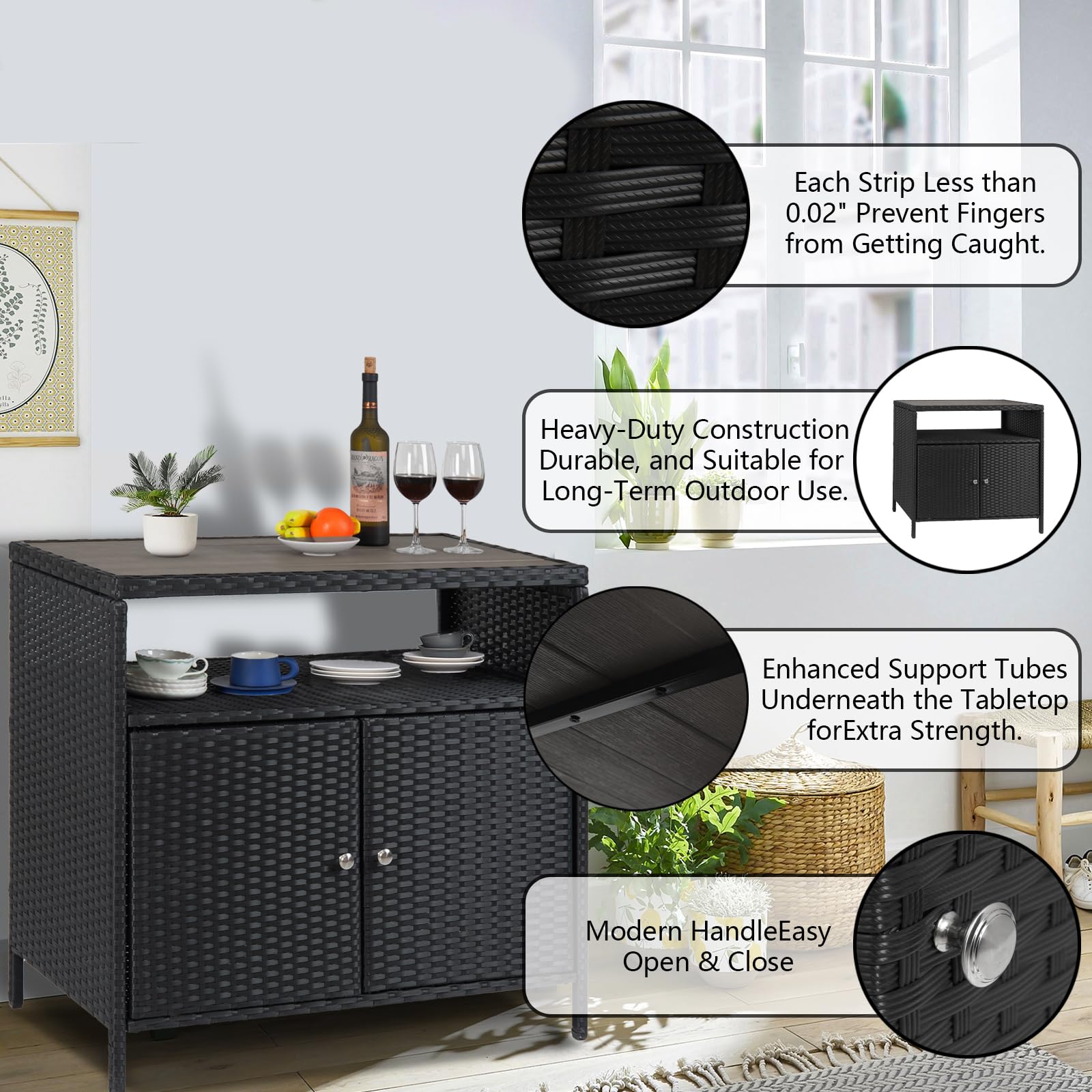 Armoire de rangement d'extérieur Garvee en résine tressée avec étagère, résistante aux intempéries, table en aluminium, 2 portes, fermeture magnétique, grise, pour jardin et terrasse